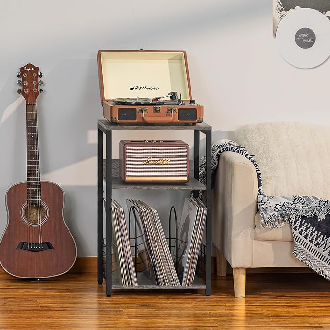 LELELINKY 3 Tier End Table,Record Player Stand with Storage Up to 100 Albums, Turntable Stand for Vinyl, Walnut Couch Nightstand Side Tables for Living Room Bedroom