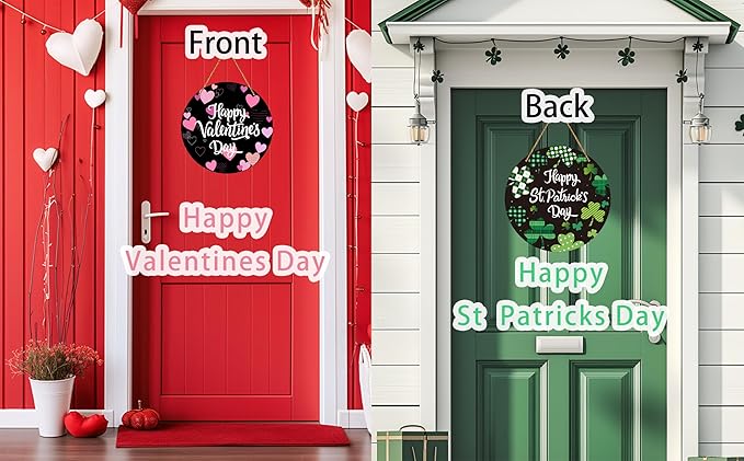 Valentines Day Decorations St Patricks Day Decorations Reversible Happy Valentines Wreath Heart Door Decor Hanging Sign Wooden Front Door Hanger Wreath for Porch Wall Indoor Home Decor