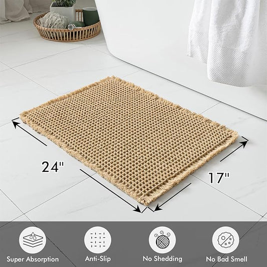 MIULEE Set of 2 Waffle Bathroom Rugs, Boho Bath Rugs Non Slip Washable, Super Absorbent Bath Mats, Ultra Soft Rubber Backed Shower Mats for Bathroom Floor, Tub and Shower, Brown, 17x24 Inch