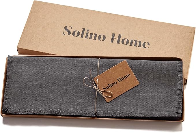 Solino Home Linen Fringe Cloth Placemats Set of 4-100% Pure Linen Charcoal Placemats 14 x 19 Inch for Fall, Autumn, Winter, Christmas, Holiday, New Year - Handcrafted and Machine Washable