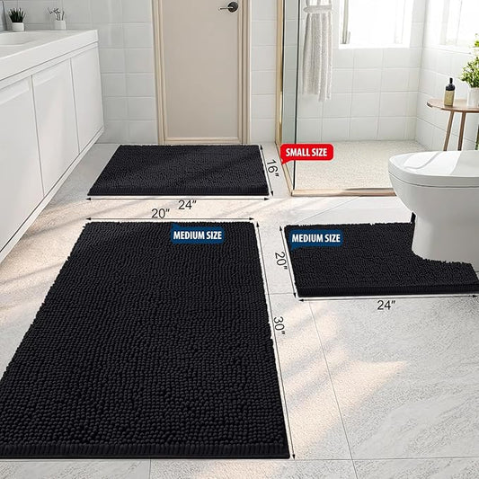 Smiry Luxury Chenille Bathroom Rugs 47x24, Extra Soft and Absorbent Shaggy Bath Mat, Machine Washable, Non-Slip Plush Carpet Runner for Tub, Shower, and Floor, Home Decor Accessories, Black