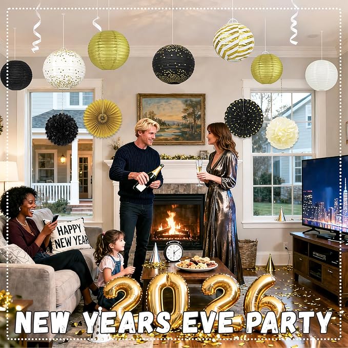 14Pcs Black and Gold Party Decorations, Hanging Paper Lanterns Fans Tissue Flower Pom Poms for Men 50th 60th Birthday Graduation New Years Eve Party Supplies New Years Decorations