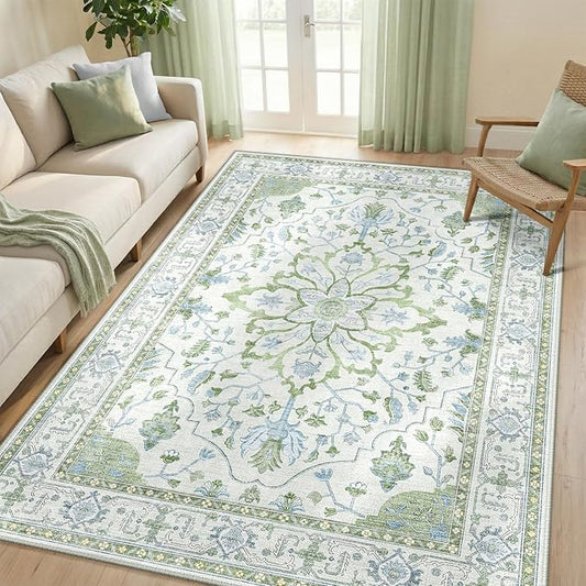 Area Rugs 5'x7' Washable Non-Slip, Floral Vintage Distress Print Pattern Medallion Carpet for Living Room Bedroom Dining Room, Green White Blue