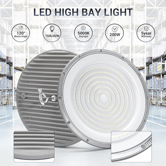 10 Pack 200W UFO Led High Bay Light,120VAC,5000K Daylight Commercial Bay Lighting,IP66 Waterproof,30500LM,850W MH/HPS with Plug Area Lighting for Warehouse/Shop/Workshop/Barn/Gym/Factory