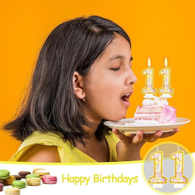 11th Birthday Candle for Cake, Colorful Macaron Numeral Candles for Boys/Girls, Birthday Party Cake Decorations, Golden Cake Topper for Birthday Party Supplies (Number 11)