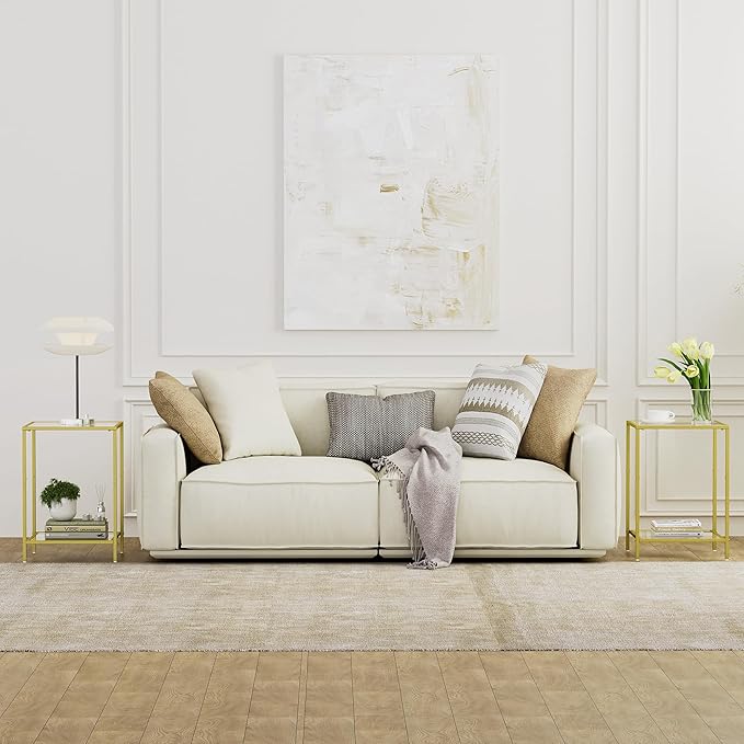 Side Tables Set of 2, End Table with Tempered Glass, 2-Tier Nightstands with Storage Shelves, Coffee Table with Modern Style, Square Sofa Table for Living Room, Bedroom, 15.7"D x 15.7"W, Gold