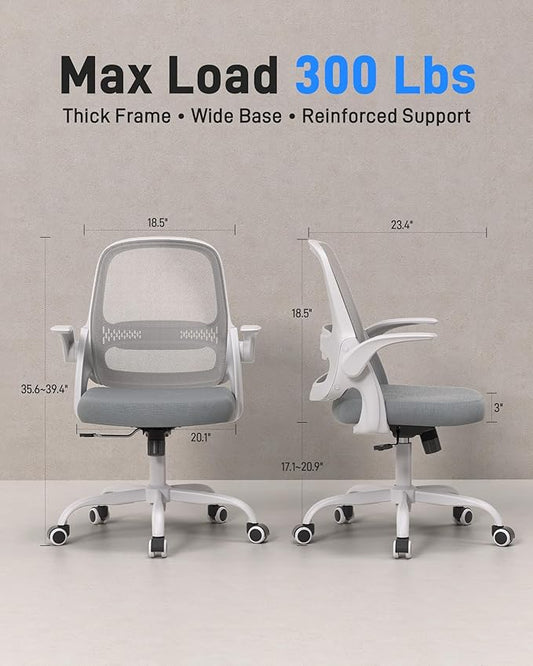 Ergonomic Mesh Office Chair for Home Office, Flip-Up Arms, Breathable Mesh Back & Thick Seat Cushion, Swivel Rolling Computer Desk Chair – BIFMA Certified, Supports 300 lbs (White Frame/Gray Seat)