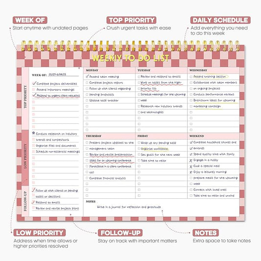 Taja Weekly To Do List Notepad with 52 Undated Sheets(8.5"×11")- Weekly Desk Planner for Women & Man, Work and Home - 1 Pack Rose Checkered