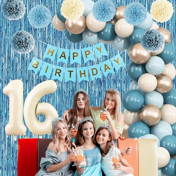 Dusty Blue 16th Birthday Party Decorations Boys Girls Beige Cream Number 16 Balloon with Blue Gold Happy Birthday Banner Fringe Curtain Paper Pom Poms Nude White Sand Champagne Star Foil Balloons