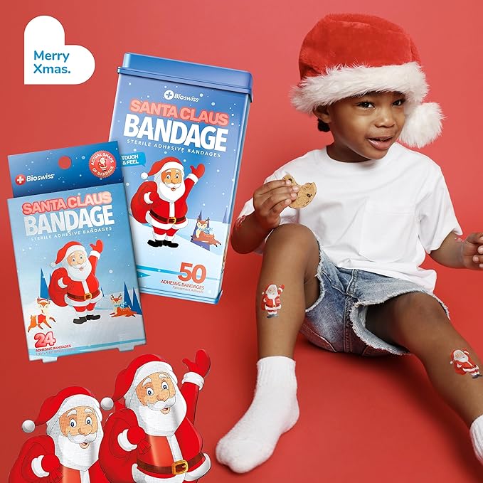 BioSwiss Kids Bandages, Christmas Santa Claus Shaped Self Adhesive Bandage Set, Latex Free, Sterile Wound Care, 24 Count