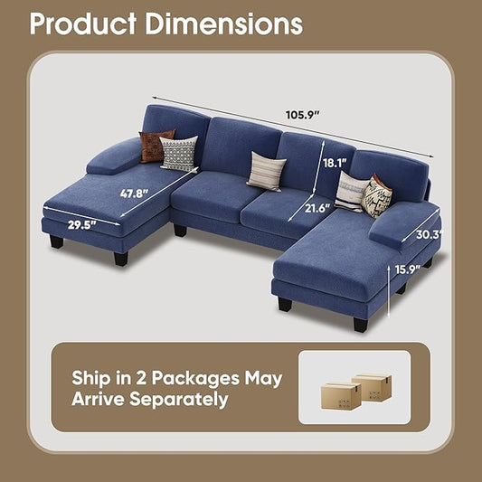Furmax Sectional Couches for Living Room, U-Shaped Sofa Couch with Linen Fabric, 4 Seat Sofa Set with Double Chaise for Apartment (Loop Yarn, Navy Blue)
