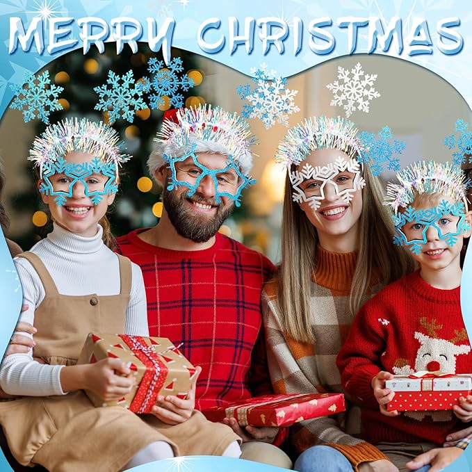 Riceshoot 12 Pcs Christmas Snowflake Headbands Snowflake Glasses Set Christmas Glittered Eyewear Headbands Accessories Party Favors