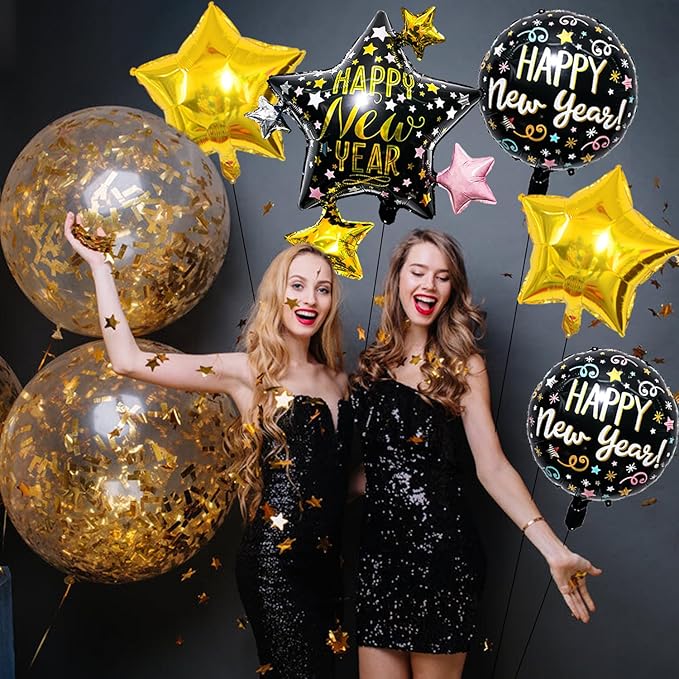 Happy New Year Balloons Black Gold 18 Inch New Years Balloons for Happy New Year Decorations 2026 New Years Eve Party Supplies