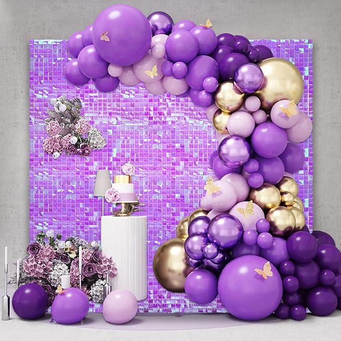 48 PCS Colorful Purple Shimmer Wall Backdrop, Square Sequin Photo Backdrops Panel, Glitter Wall Background for Birthdays, Weddings, Halloween, Engagements, Disco Bachelorette Party Decor (6FTx8FT)