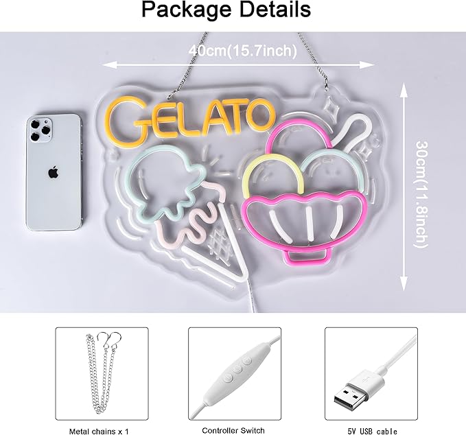 Gelato Neon Sign, Neon Lights Hanging Wall Art Decoration for Restaturant Shop Food Truck Market Bakeries Café Celebration Home Decor, USB Powered Ultra Bright Dimmable,15.75×11.8inches