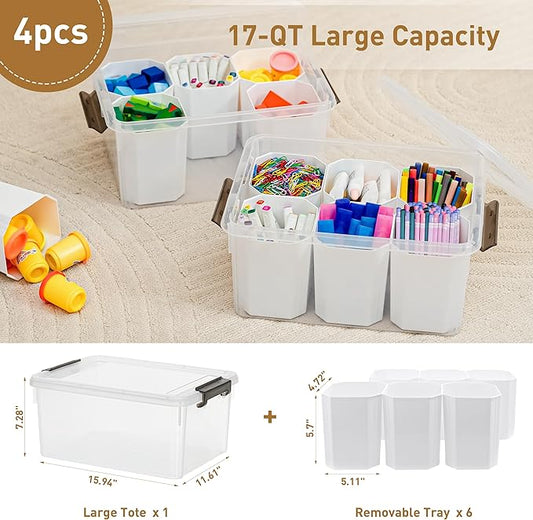 Citylife 17 QT Plastic Storage Bins Clear Storage Box with Lids Multipurpose Stackable Storage Containers for Organizing Tool, Craft, Crayon, 4 Packs