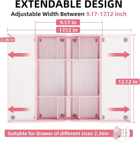 Marbrasse Expandable Desk Drawer Organizer, Mesh Tray with 10 Adjustable Compartments, Desk Organizers for Office Supplies, Makeup & Vanity (Expandable-Pink)