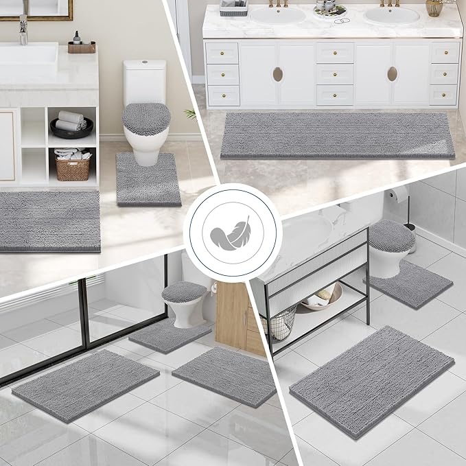 Smiry Luxury Chenille Bathroom Rugs 40x24, Extra Soft and Absorbent Shaggy Bath Mat, Machine Washable, Non-Slip Plush Carpet Runner for Tub, Shower, and Floor, Home Decor Accessories, Grey