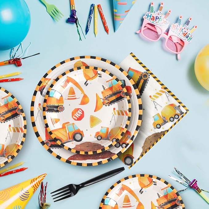 96pcs Construction Birthday Party Plates Disposable Tableware Set Paper Plates Round for 24 Guests Party Table Supplies Kids Party Picnic (Include Plates, Forks and Napkins)