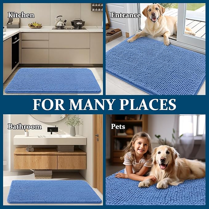 OLANLY Dog Door Mat for Muddy Paws 45x27, Absorbs Moisture and Dirt, Absorbent Non-Slip Washable Doormat, Quick Dry Chenille Mud Mat, Entry Indoor Entryway Carpet for Inside Floor, Cornflower Blue