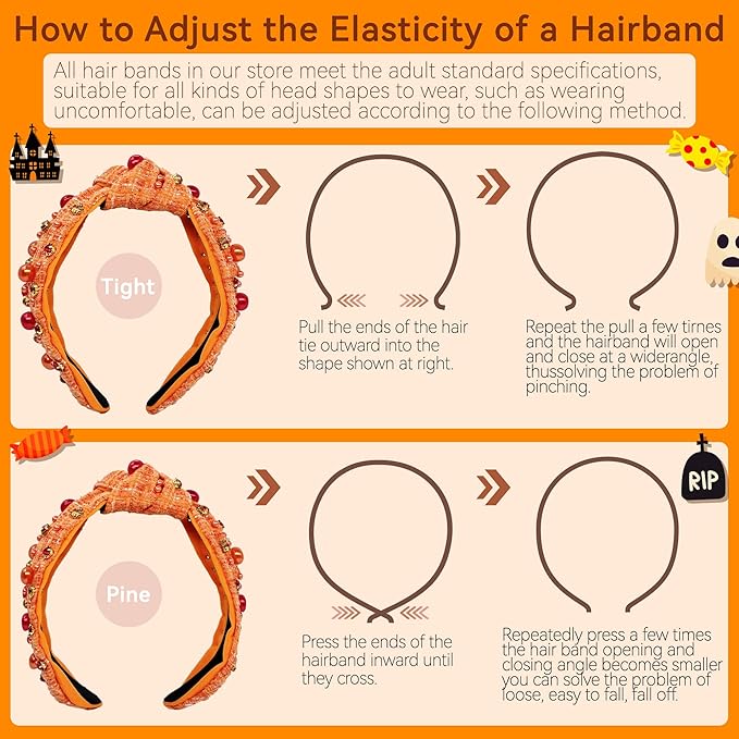 Halloween Pearl Knotted Headband for Women Girls Non Slip Rhinestone Embellished Hair Hoop Halloween Headbands Hair Accessories Gift (Grid Orange)