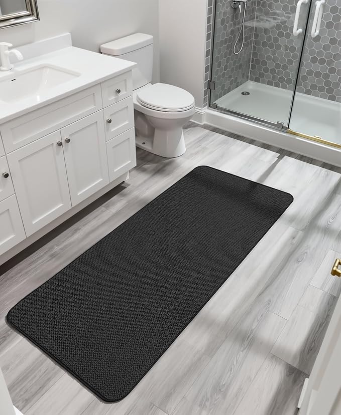 Bath Mat,Ultra Thin Bathroom Runner Rugs,Large Bath Mats for Bathroom,Quick Dry,Non-Slip,Machine Washable,Low Pile,Bath Rug,Shower Outside,Sink,Home Decor Accessories.Black,3'x5'(36x60inch)