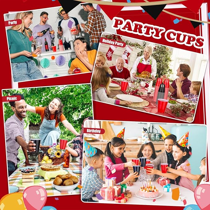 KesaPlan 100 PCS 12 OZ Plastic Cups, Happy New Year Party Cups Black and Red Cups Disposable Drinking Cup Bulk For Christmas Graduation Wedding Birthday Halloween Family Gathering Festive Celebrations