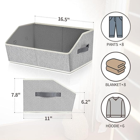 Trapezoid Closet Shelf Organizer - Large Baskets for Organizing, Storage Baskets for Shelves, Cubbies Storage Bins for Clothes, Books, Blankets, 4 Pack, Light Gray