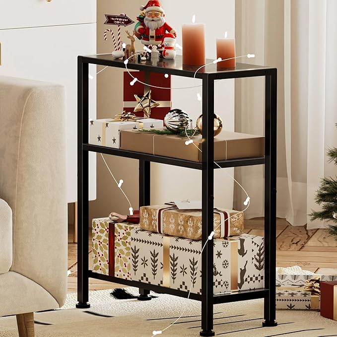 Narrow Side Table Set of 2 for Small Space, 2-Tier Small End Table with Shelf Holder, Slim Nightstand, Skinny Snack Couch Table in Living Room, Bedroom, Study, Kitchen and Balcony (Black)