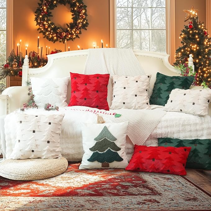 GEEORY Christmas Pillow Covers 26x26 Inch Set of 2, Christmas Decorations Xmas Tree Soft Plush Fluffy Faux Fur Decorative Throw Pillows Farmhouse Winter Cushion Case Red Brown GC035-26