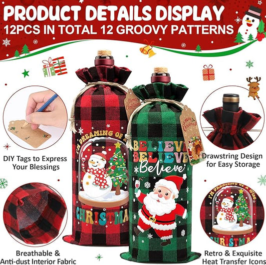 12PCS Burlap Wine Bag Christmas Wine Gift Bags, Drawstring Retro Christmas Bottle Cover Gift Bag w/ Tag, Buffalo Plaid Wines Bags for Bottles Gifts Reusable Bottle Covers for Xmas Holiday Party Decor