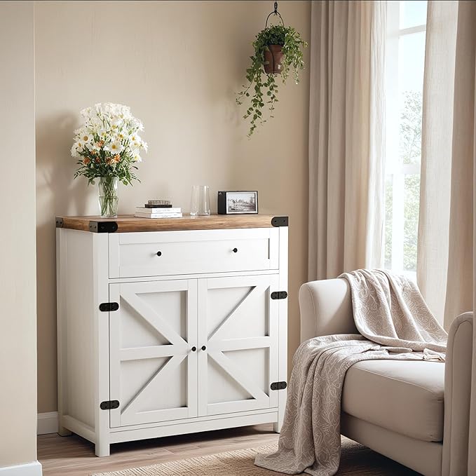YESHOMY Coffee Bar and Accent Cabinet, Farmhouse Barn Door Buffet Sideboard with Drawer and Adjustable Shelf, Wide Desktop for Kitchen, Dining Room, Bathroom, Entryway, White&Rustic
