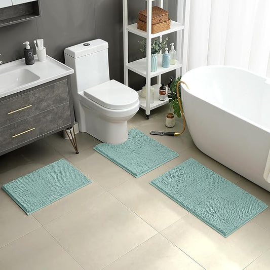 HOMEIDEAS 3 Pieces Bathroom Rugs, Ultra Soft Non Slip Absorbent Chenille Toilet Bath Mat Set (Eggshell Blue)