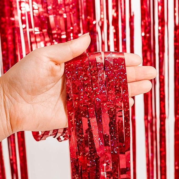 Foil Fringe Curtain Party Decorations - Black Red Metallic Tinsel Backdrop Party Steamers Curtains for Christmas New Years Boy Men Birthdays Prom Bachelorette Holidays Parties Decorations