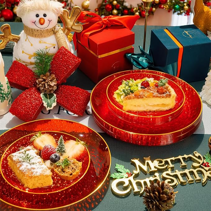 SUT 36Pcs Red Plastic Plates, Hammered Plates Disposable Heavy Duty, Red Disposable Plates With Gold Rim, Fancy Plastic plates Include 18 Dinner and 18 Dessert plates for Wedding