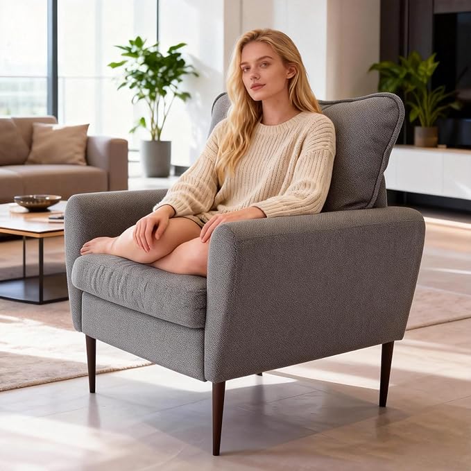 OLIXIS Comfy Accent Chair for Living Room Bedroom and Waiting Room, Upholstered Mid-Century Reading Chair with Pillow and Solid Wood Legs, Wide Singe Modern Lounge Sofa (Gray, 2 Pack)