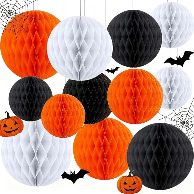 Capesaro 12pcs Black Orange White Hanging Honeycomb Balls Decorations Halloween Theme Party Decorations Hanging Tissue Paper Pom poms Flower for Birthday Party(6" 8" 10" Orange Black White Set)