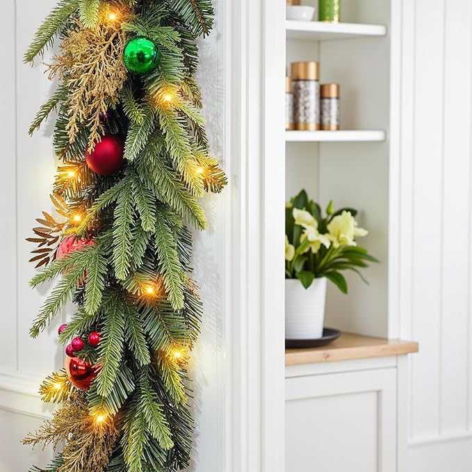 9 FT Pre-lit LED Christmas Garland with 20 Red Balls, Multi-Function Christmas Garland with 50 Warm White LED Lights for Mantle Fireplace Staircase Porch Decor