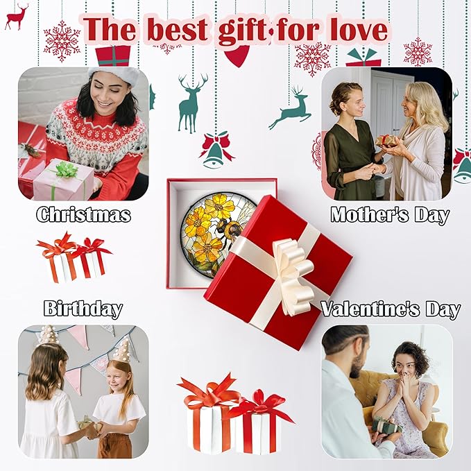Stained Glass Window Hanging - Yellow Bees Gathering Flowers Sun Catcher for Door Garden Home Decor Cute Suncatcher Christmas Mother's Day Birthday Gifts for Women Men Mom Nana 11.8 in