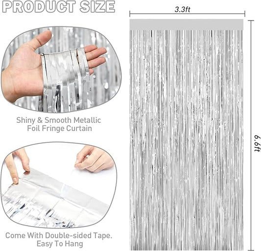 Silver Tinsel Backdrop Foil Fringe Curtains - 2 Packs Door Streamers Backdrop for Birthday Door Decorations, Party Supplies for Bachelorette, Graduation, Christmas, Disco Decor
