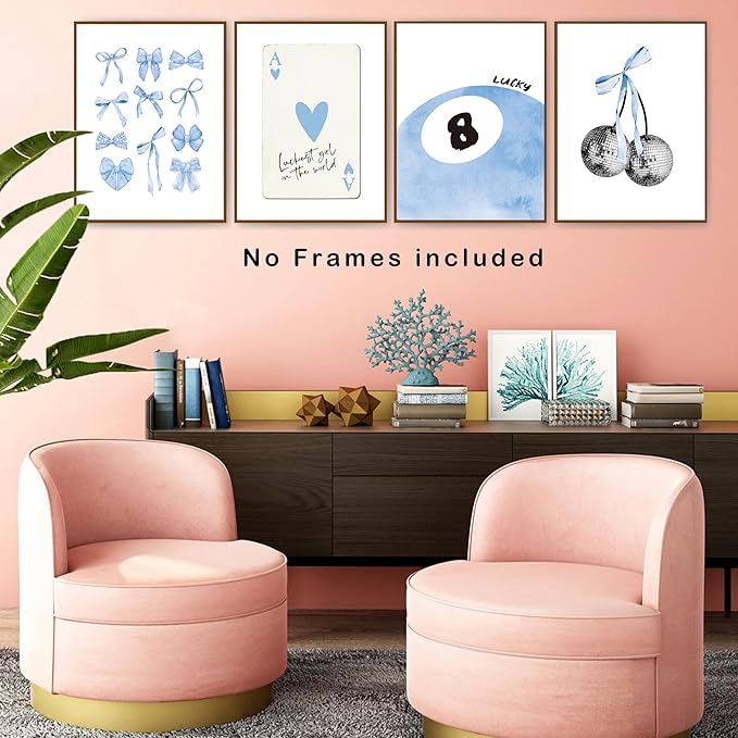 okaxscm Light Blue Coquette Trendy Preppy Wall Art Prints Set of 4,Coquette Preppy Room Decor,Blue Bow Disco 8 Ball Cherry Wall Decor Posters for Girls Bedroom Dorm,12x16 Unframed