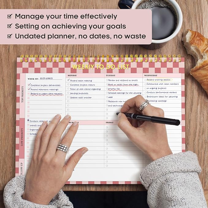 Taja Weekly To Do List Notepad with 52 Undated Sheets(8.5"×11")- Weekly Desk Planner for Women & Man, Work and Home - 1 Pack Rose Checkered