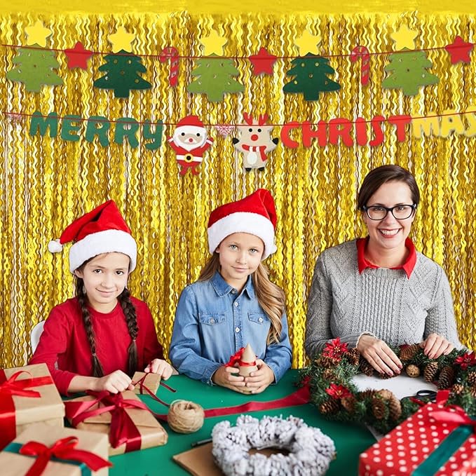 4 Pack Gold Fringe Curtain Backdrop 3.2Ft x 8.2Ft Metallic Tinsel Foil Fringe Streamers Background for Photo Booth Mother's Day, Easter, Carnival, Birthday, Wedding Party Decoration