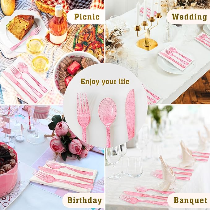 150 Pcs Pink Silverware Set Heavy Duty Pink Plastic Silverware - 50 Forks, 50 Knives, 50 Spoons for Brithday, Wedding, Baby Shower, Bridal Shower