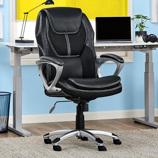 Serta Amplify Executive Office Chair with Faux Leather and Mesh, Adjustable Ergonomic Comfy Seat with Lumbar Support, Modern Computer DeskChairs, Swivel Rolling Wheels, Black