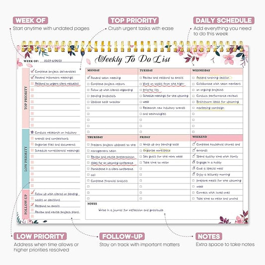 Taja Weekly To Do List Notepad with 52 Undated Sheets(8.5"×11")- Weekly Desk Planner for Women & Man, Work and Home - 1 Pack Whispering Petal