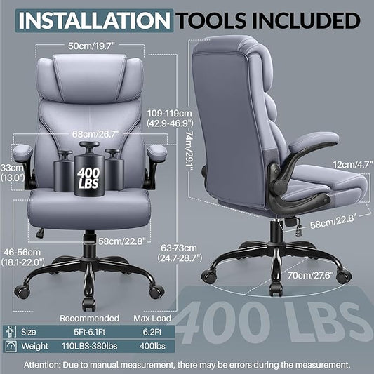 Office Chair, Leather Chair with Adjustable High Back Flip-up Armrests,Ergonomic Desk Chairs Big and Tall, Lumbar Support Swivel Computer Chair with Rocking Function