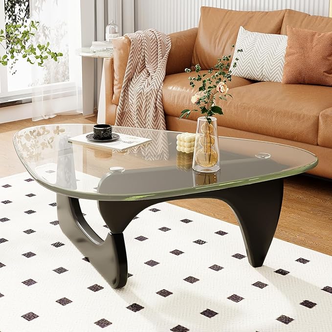 Coffee Table for Living Room Mid Century Modern Center Table with Glass Top, Black/Transparent