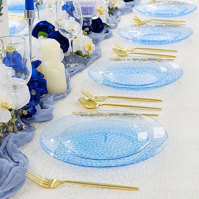 Rubtlamp 100 Pcs Blue Plastic Plates, Blue Heavy Duty plastic Plates, Clear-blue Fancy Disposable Plates, Hammered Plastic plates Include 50 Pcs Dessert Platos, 50 Pcs Dinner Platos for Party