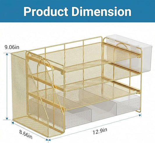 Desk Organizer, 4-Tier Paper Organizer Letter Tray with File Holder, Drawer and 2 Pen Holders, Desktop File Organizer for Office Supplies, Workspace Storage, Gold